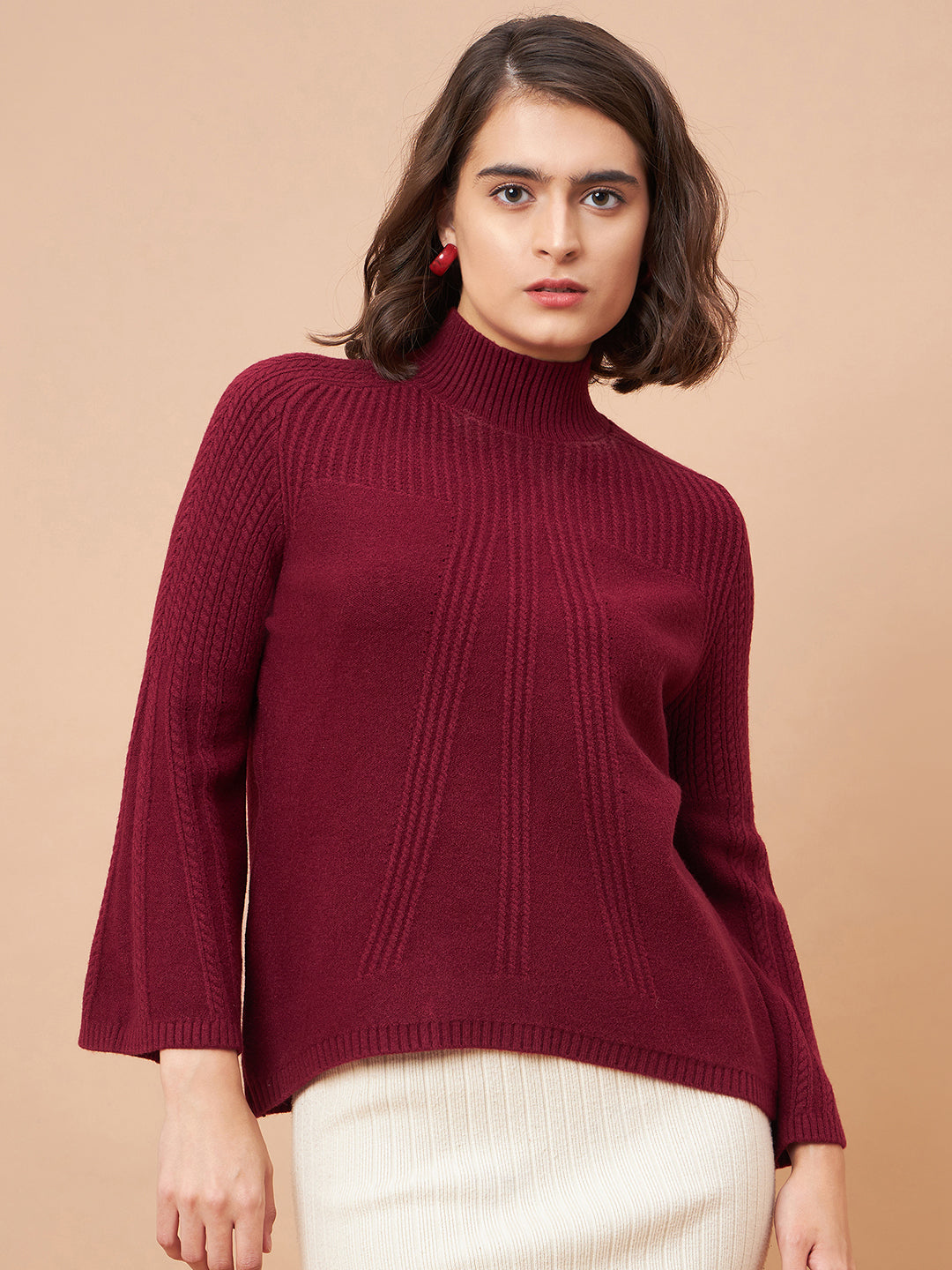 Gipsy Women Crew Neck Straight Full Sleeve Acrylic Fabric Maroon Sweaters