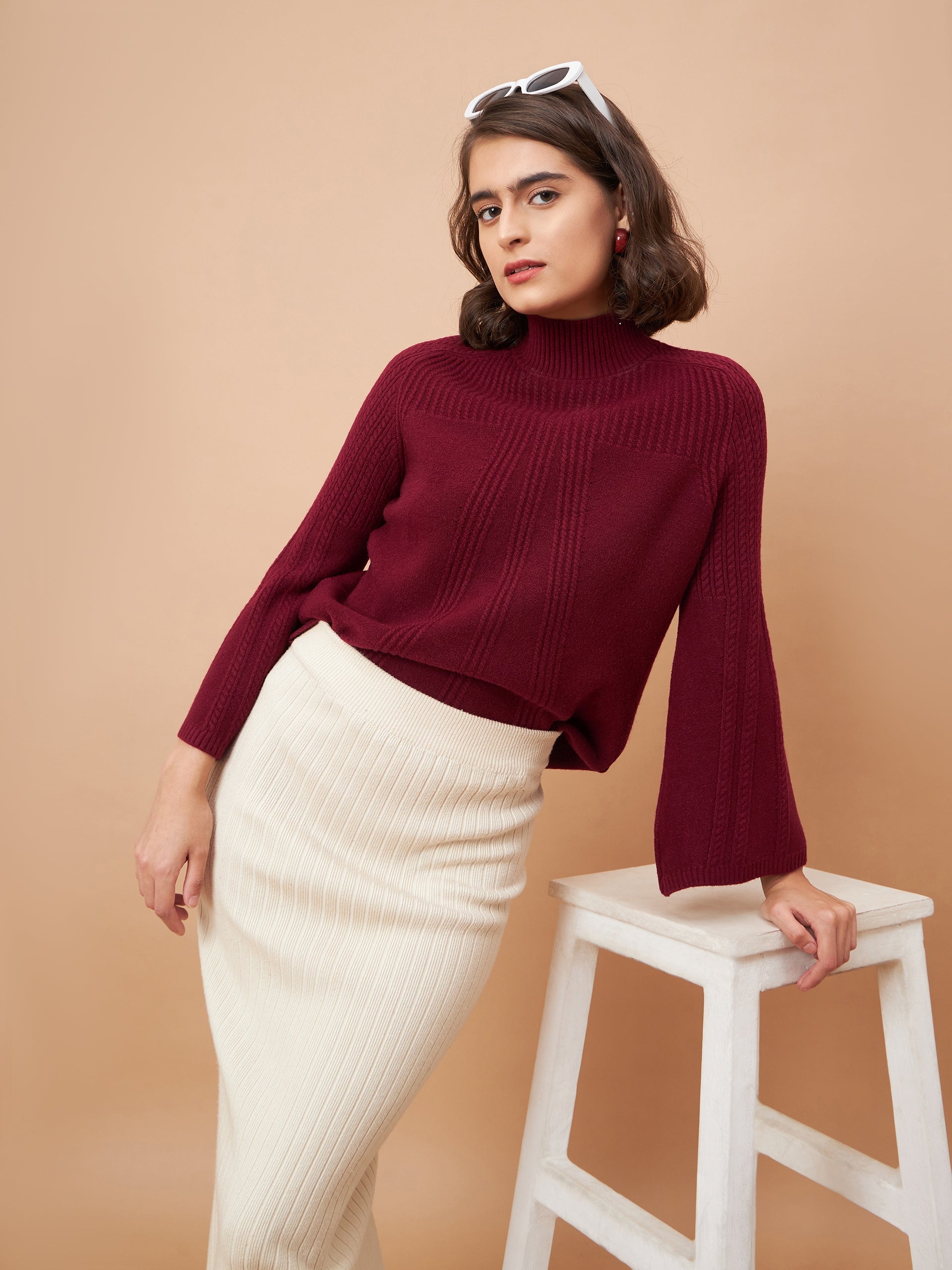 Gipsy Women Crew Neck Straight Full Sleeve Acrylic Fabric Maroon Sweaters