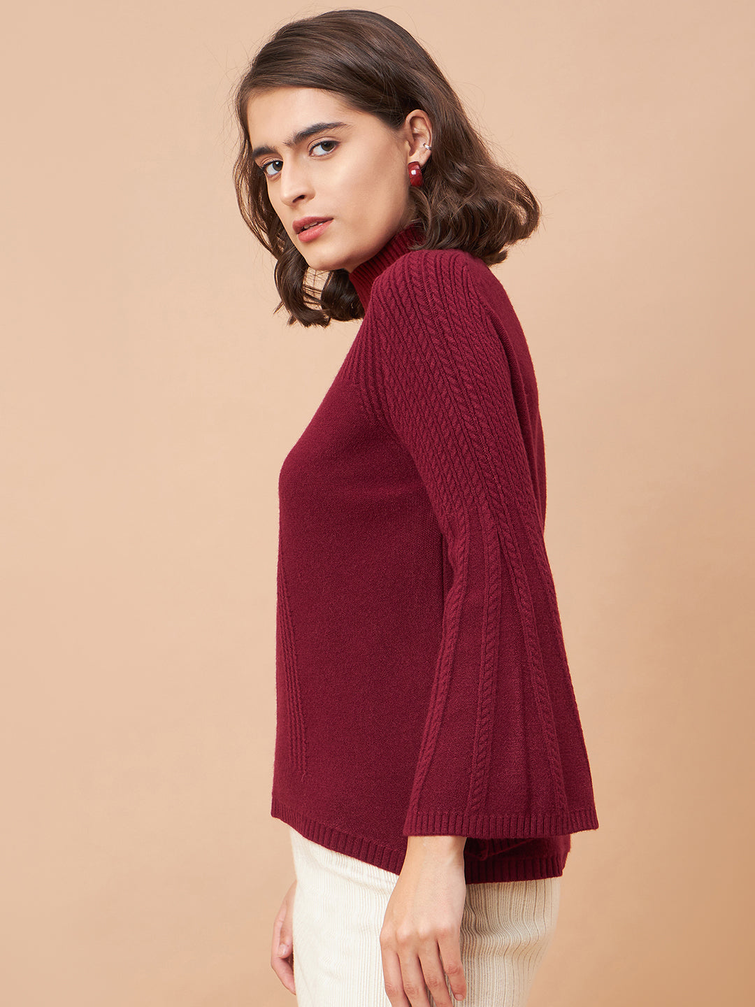 Gipsy Women Crew Neck Straight Full Sleeve Acrylic Fabric Maroon Sweaters