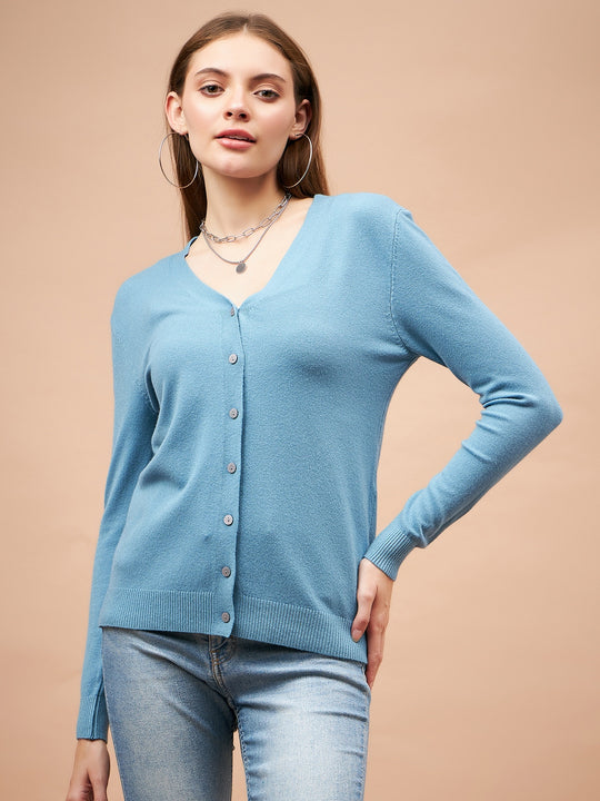 Gipsy Women V-Neck Straight Full Sleeve Acrylic Fabric Blue Sweaters