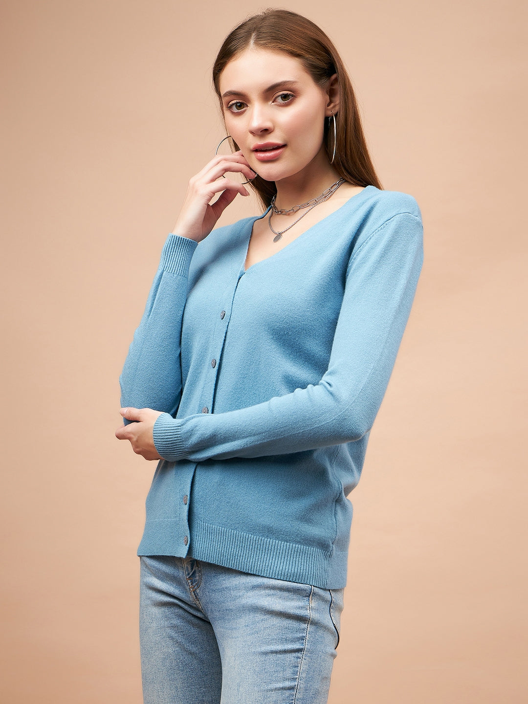 Gipsy Women V-Neck Straight Full Sleeve Acrylic Fabric Blue Sweaters