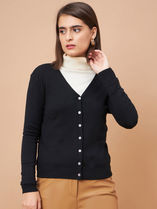 Gipsy Women V-Neck Straight Full Sleeve Acrylic Fabric Black Sweaters