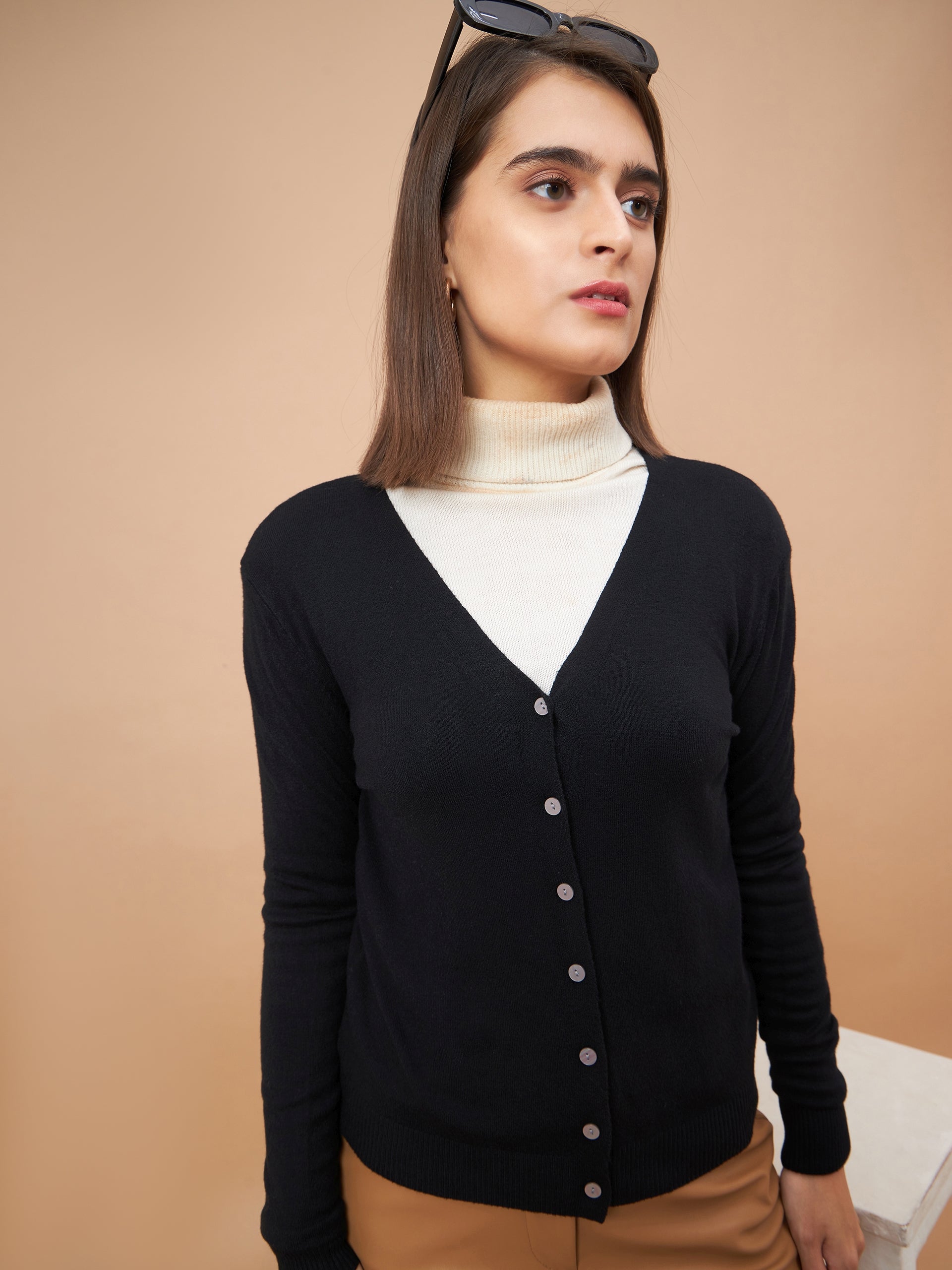 Gipsy Women V-Neck Straight Full Sleeve Acrylic Fabric Black Sweaters