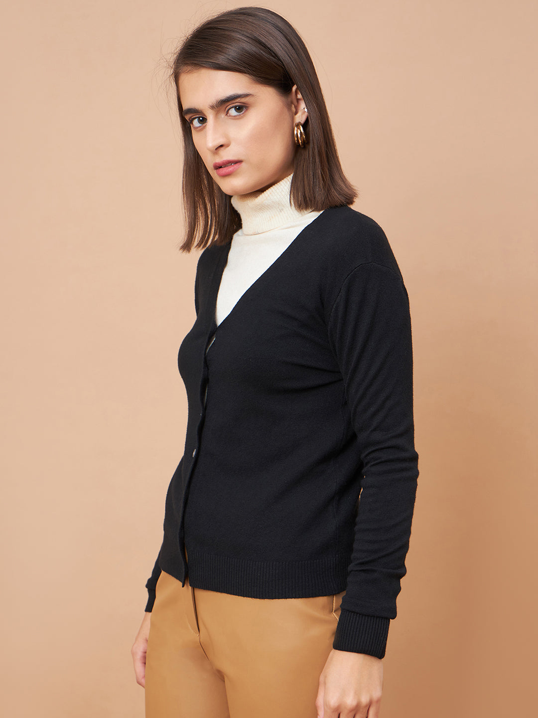 Gipsy Women V-Neck Straight Full Sleeve Acrylic Fabric Black Sweaters