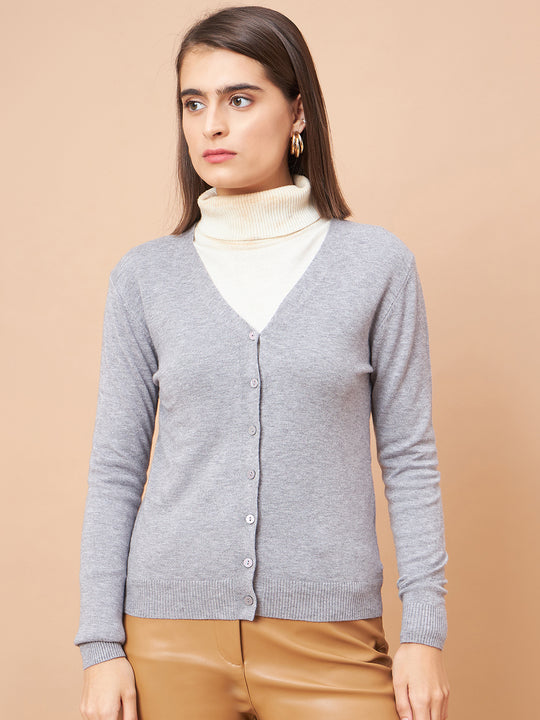 Gipsy Women V-Neck Straight Full Sleeve Acrylic Fabric Grey Sweaters