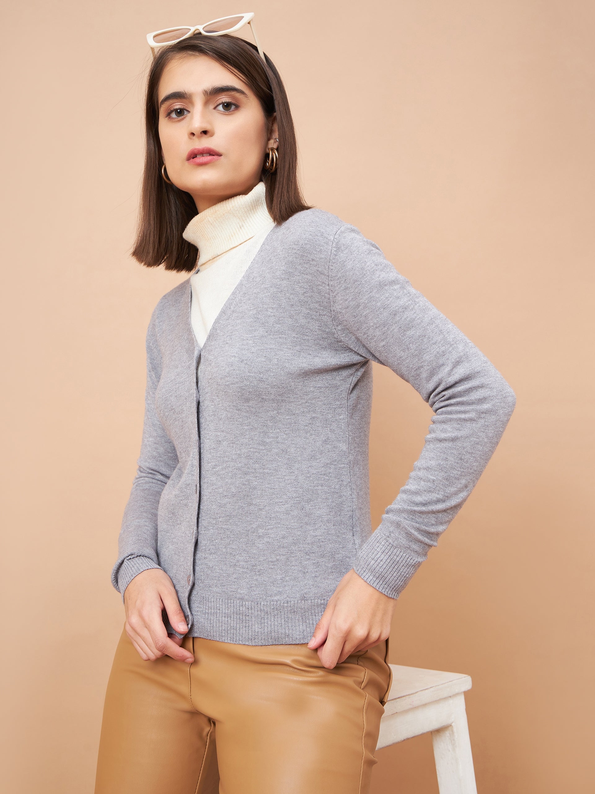 Gipsy Women V-Neck Straight Full Sleeve Acrylic Fabric Grey Sweaters