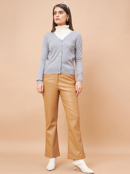Gipsy Women V-Neck Straight Full Sleeve Acrylic Fabric Grey Sweaters