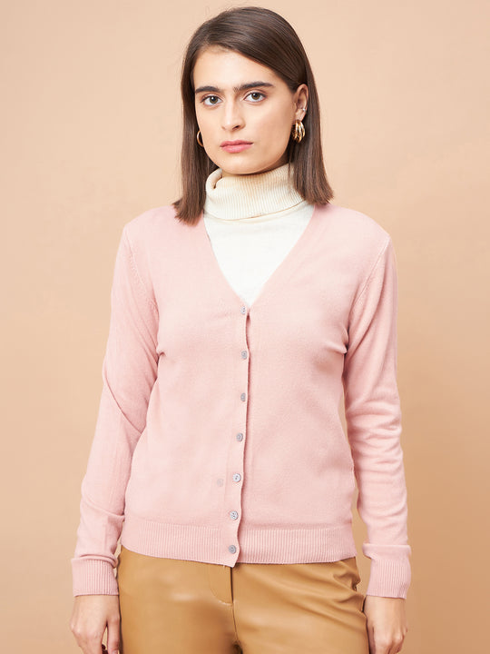 Gipsy Women V-Neck Straight Full Sleeve Acrylic Fabric Pink Sweaters