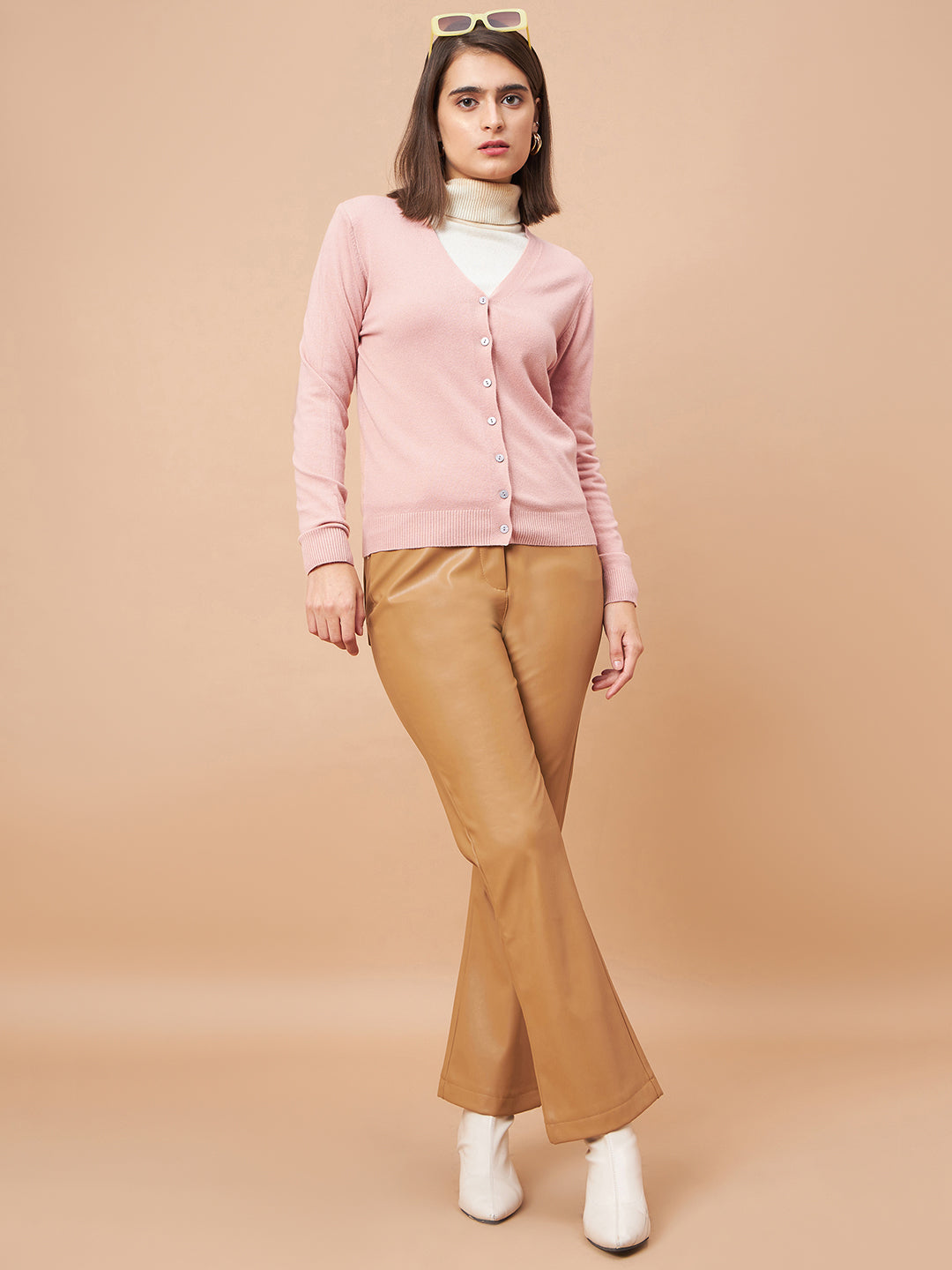 Gipsy Women V-Neck Straight Full Sleeve Acrylic Fabric Pink Sweaters