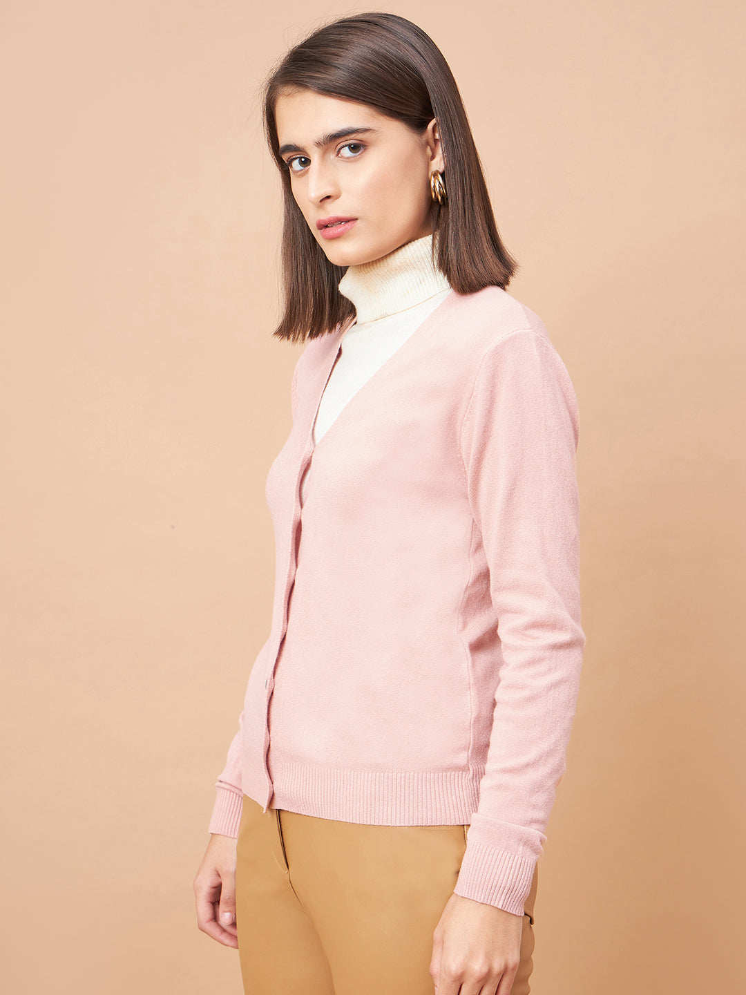 Gipsy Women V-Neck Straight Full Sleeve Acrylic Fabric Pink Sweaters