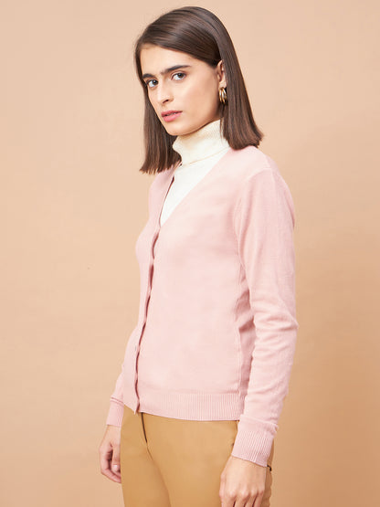 Gipsy Women V-Neck Straight Full Sleeve Acrylic Fabric Pink Sweaters