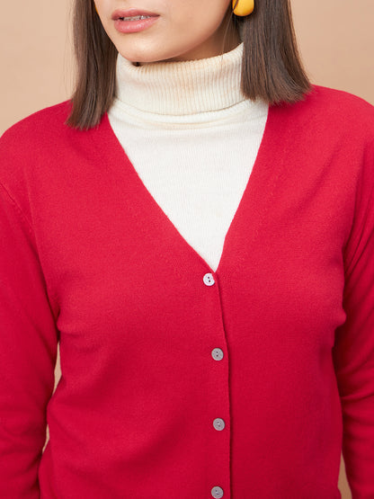Gipsy Women V-Neck Straight Full Sleeve Acrylic Fabric Red Sweaters