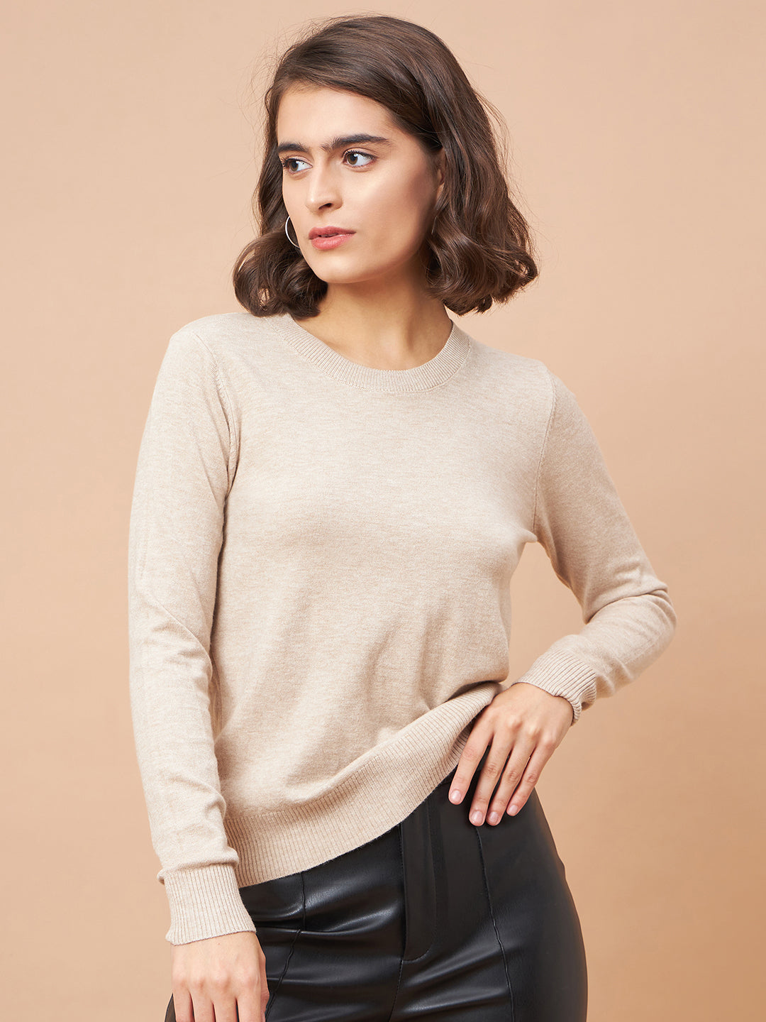 Gipsy Women Round Neck Straight Full Sleeve Acrylic Fabric Beige Sweaters