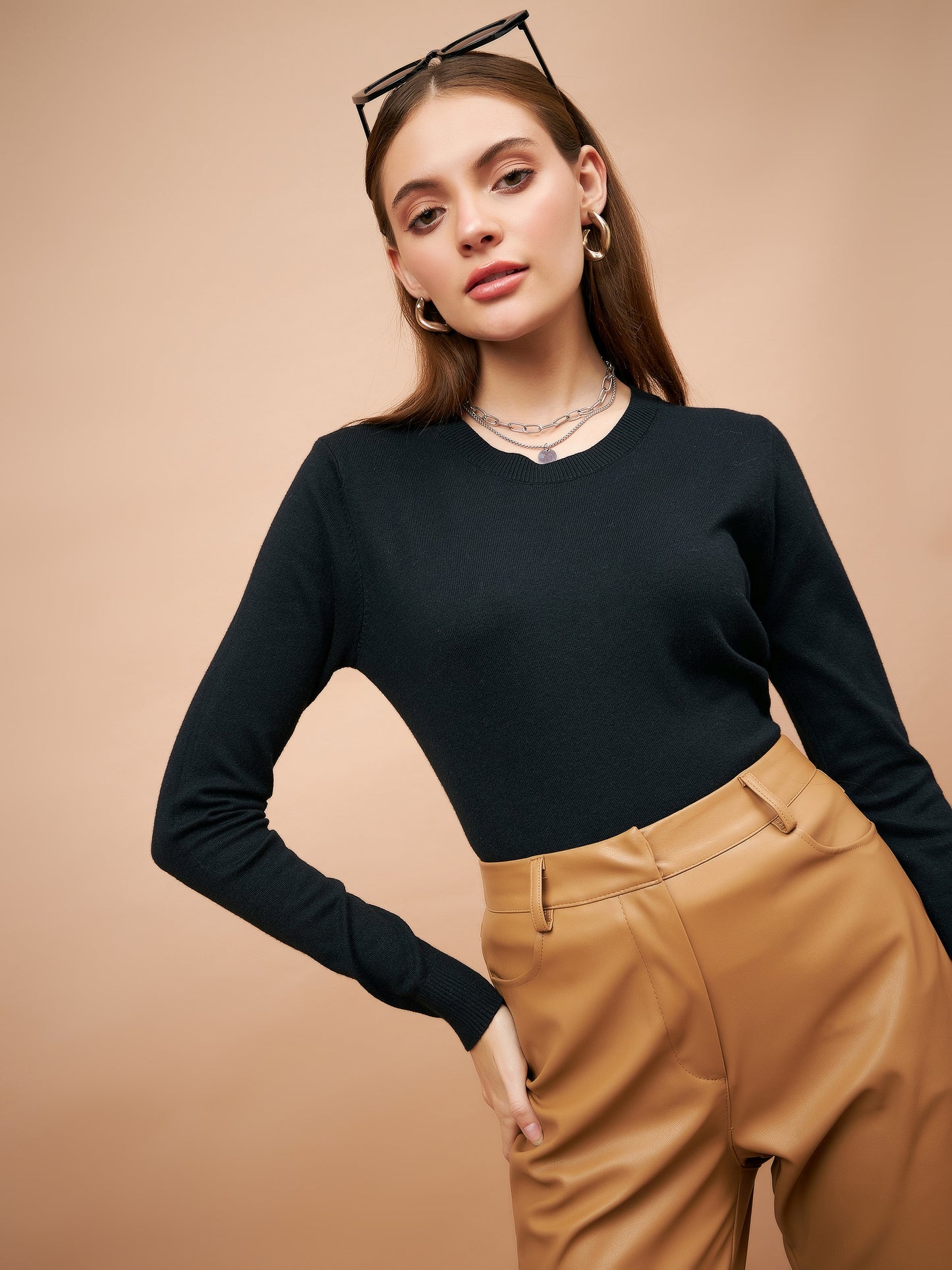 Gipsy Women Round Neck Straight Full Sleeve Acrylic Fabric Black Sweaters