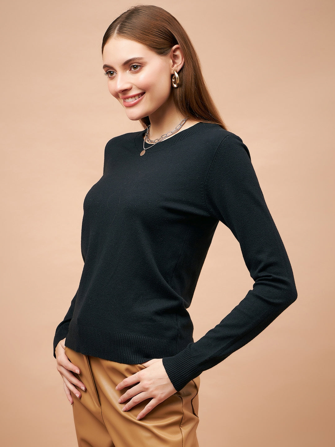 Gipsy Women Round Neck Straight Full Sleeve Acrylic Fabric Black Sweaters