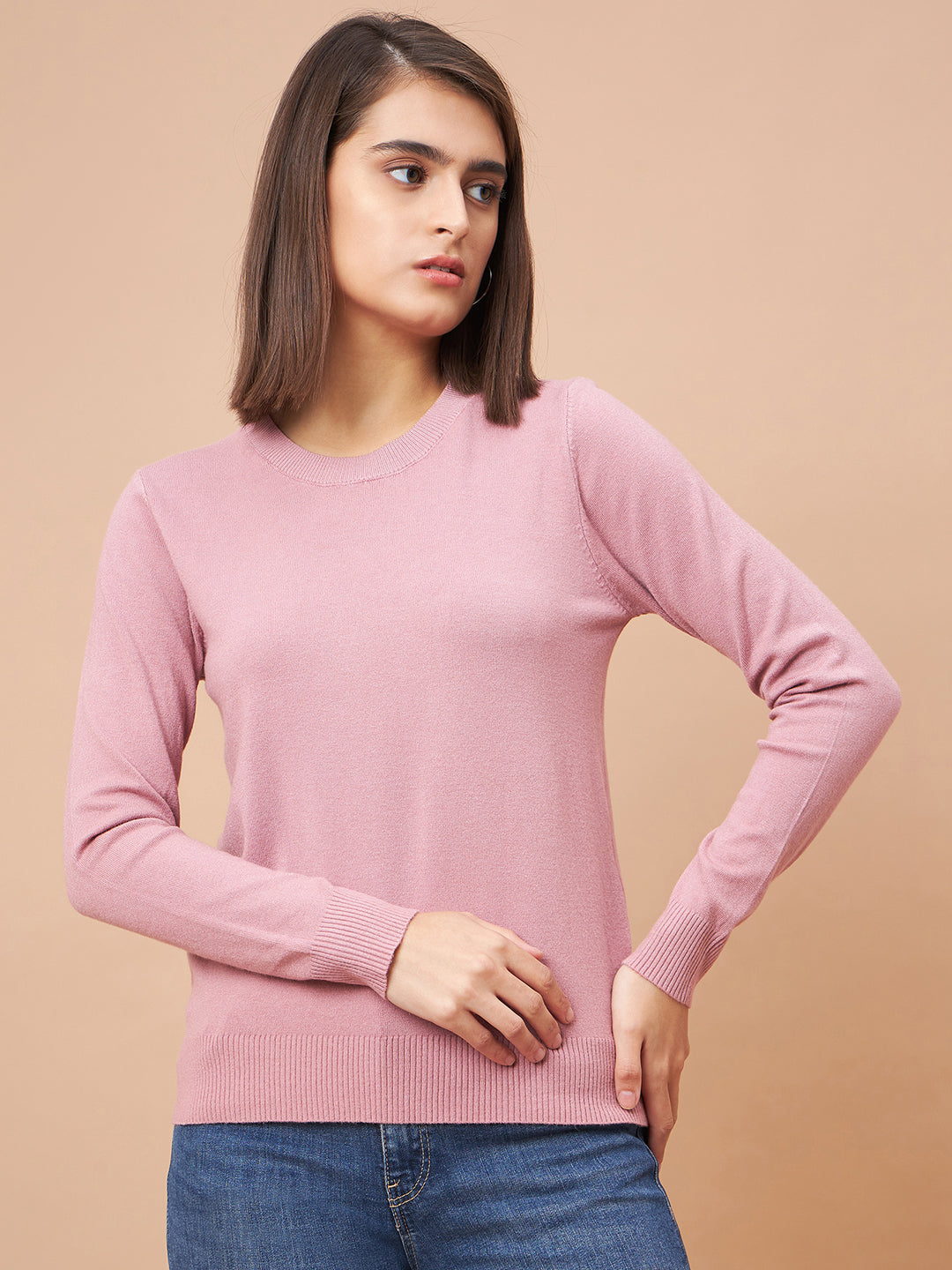 Gipsy Women Round Neck Straight Full Sleeve Acrylic Fabric Dusky Pink Sweaters
