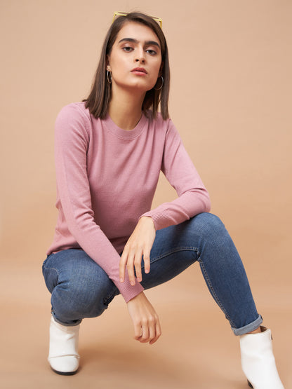 Gipsy Women Round Neck Straight Full Sleeve Acrylic Fabric Dusky Pink Sweaters