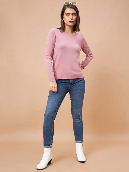 Gipsy Women Round Neck Straight Full Sleeve Acrylic Fabric Dusky Pink Sweaters