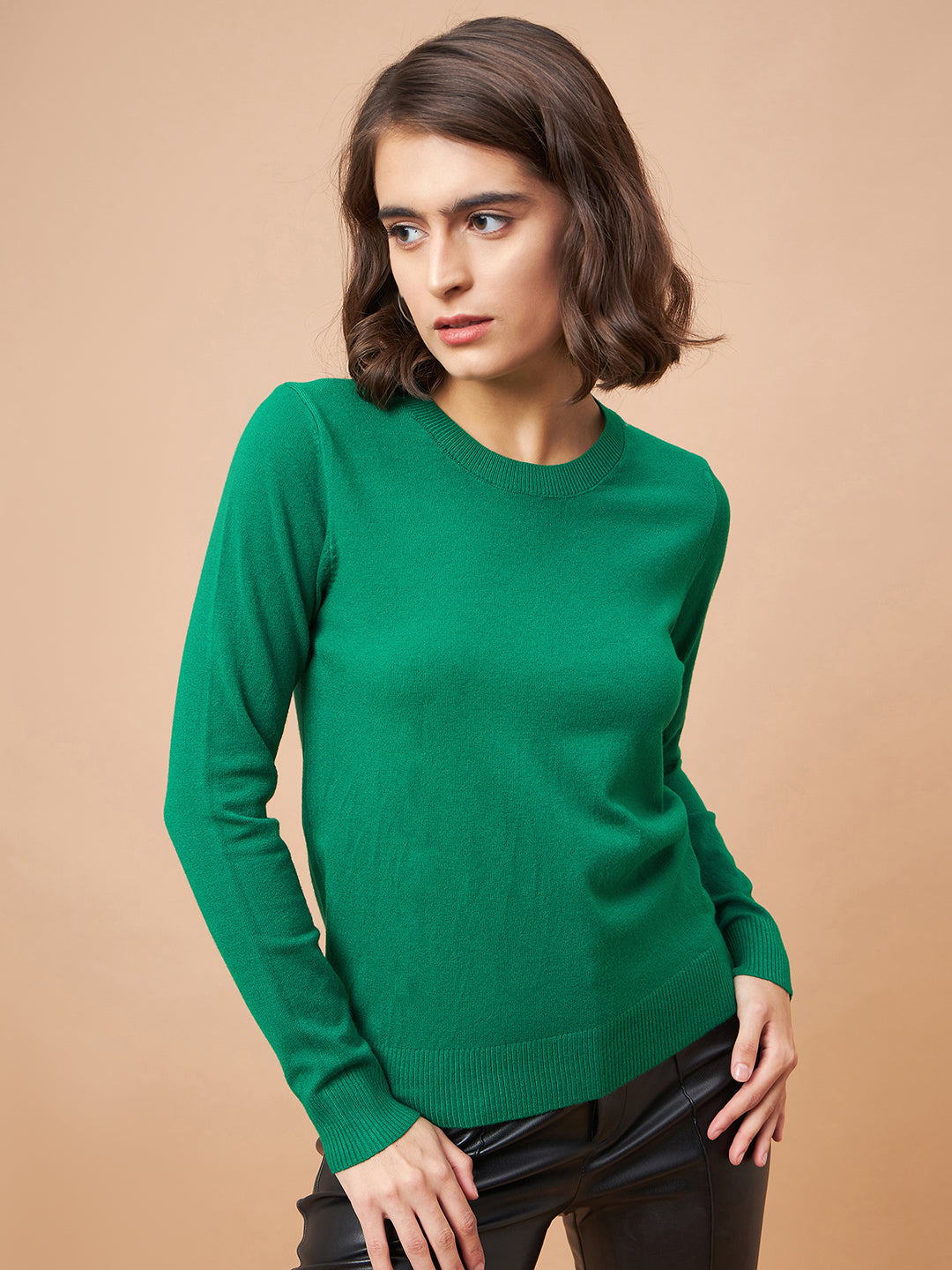Gipsy Women Round Neck Straight Full Sleeve Acrylic Fabric Green Sweaters