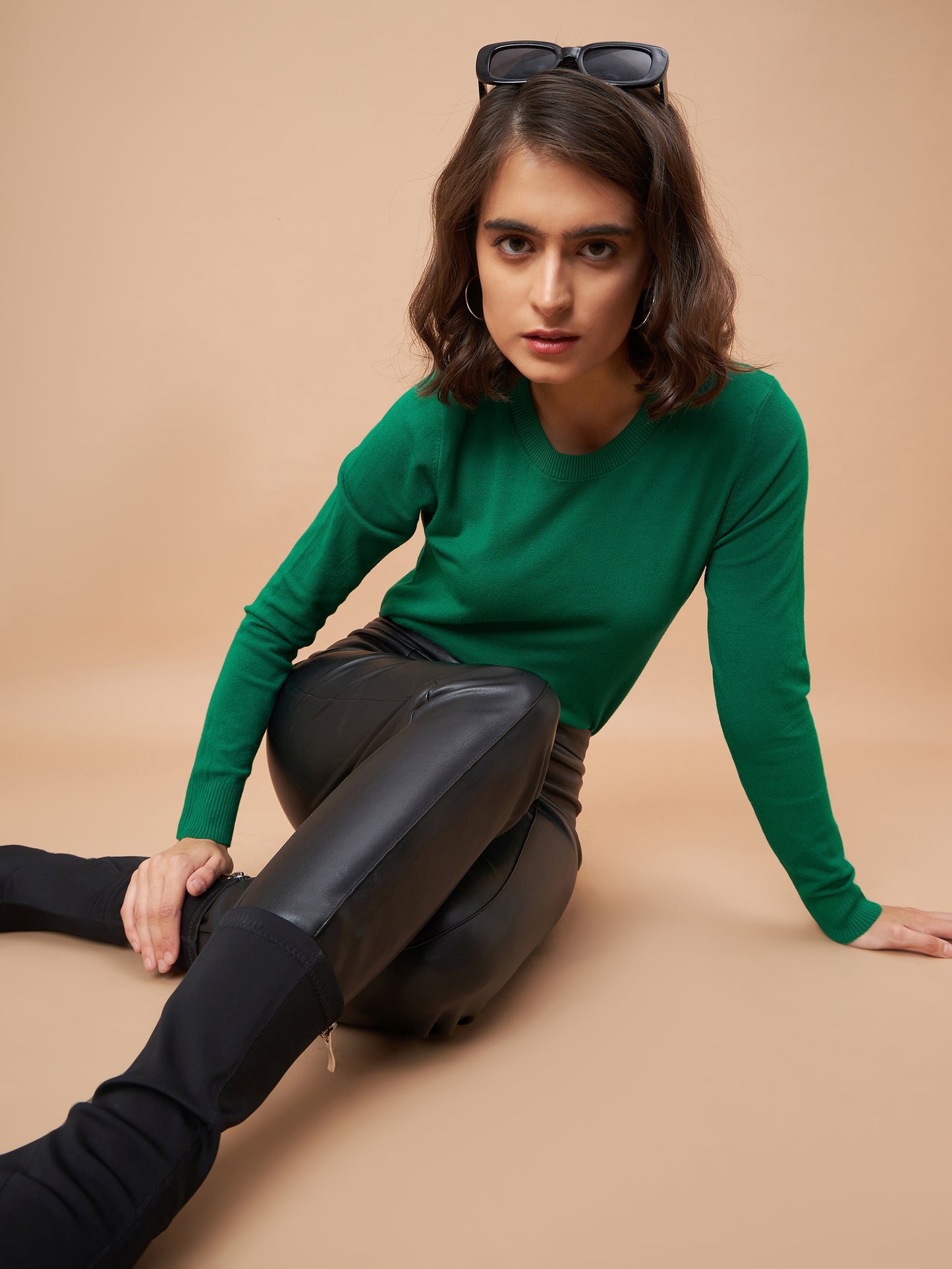 Gipsy Women Round Neck Straight Full Sleeve Acrylic Fabric Green Sweaters