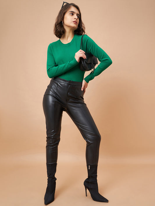 Gipsy Women Round Neck Straight Full Sleeve Acrylic Fabric Green Sweaters