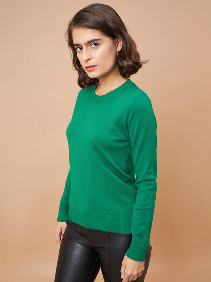 Gipsy Women Round Neck Straight Full Sleeve Acrylic Fabric Green Sweaters