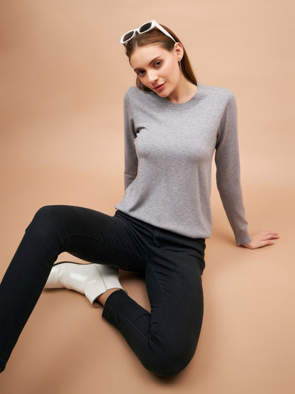 Gipsy Women Round Neck Straight Full Sleeve Acrylic Fabric Grey Sweaters