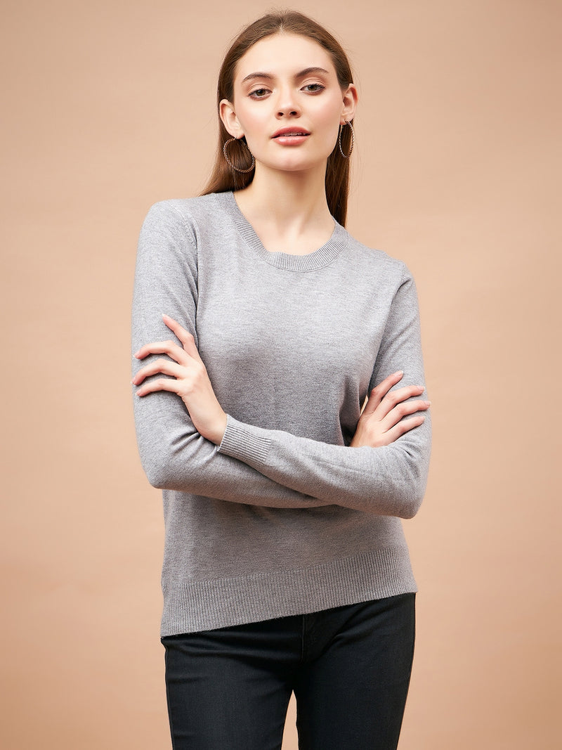 Gipsy Women Round Neck Straight Full Sleeve Acrylic Fabric Grey Sweaters