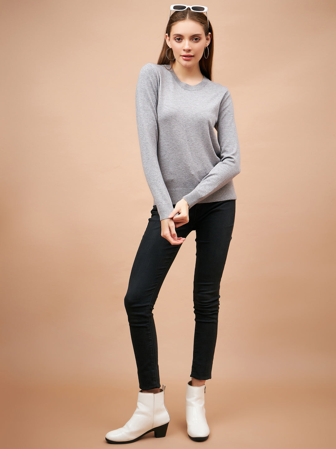 Gipsy Women Round Neck Straight Full Sleeve Acrylic Fabric Grey Sweaters
