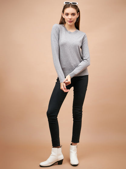 Gipsy Women Round Neck Straight Full Sleeve Acrylic Fabric Grey Sweaters