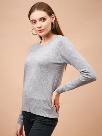 Gipsy Women Round Neck Straight Full Sleeve Acrylic Fabric Grey Sweaters