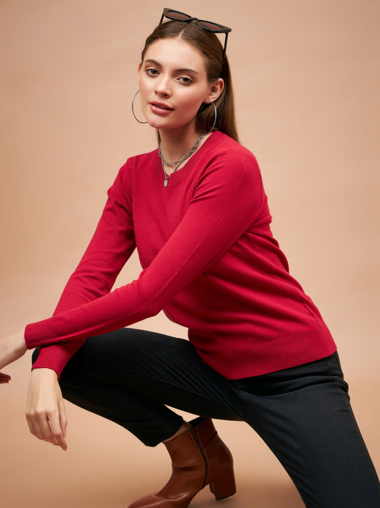 Gipsy Women Round Neck Straight Full Sleeve Acrylic Fabric Red Sweaters