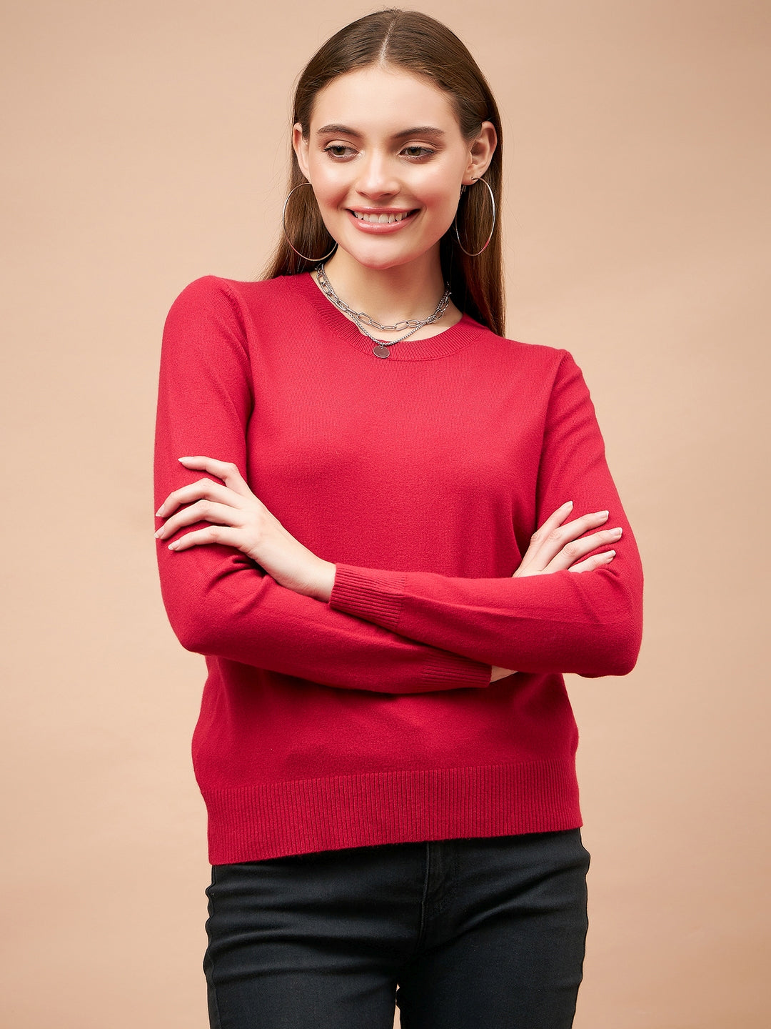 Gipsy Women Round Neck Straight Full Sleeve Acrylic Fabric Red Sweater