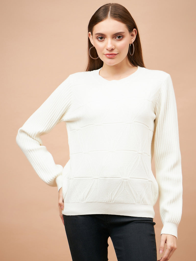 Gipsy Women Round Neck Straight Full Sleeve Acrylic Fabric Cream Sweaters