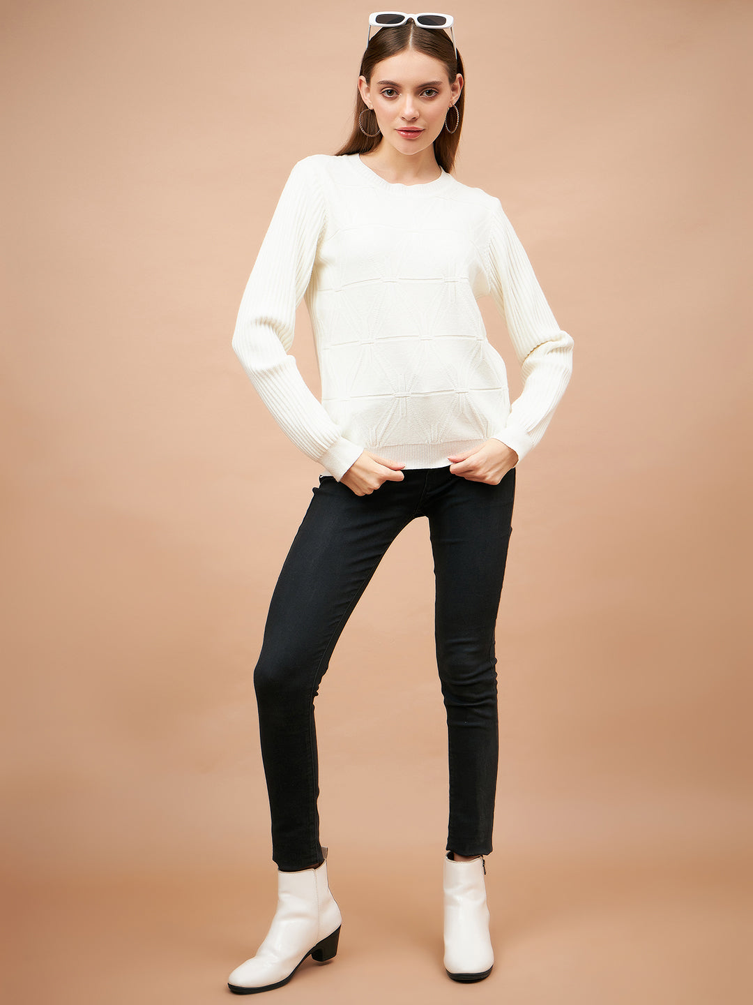 Gipsy Women Round Neck Straight Full Sleeve Acrylic Fabric Cream Sweaters