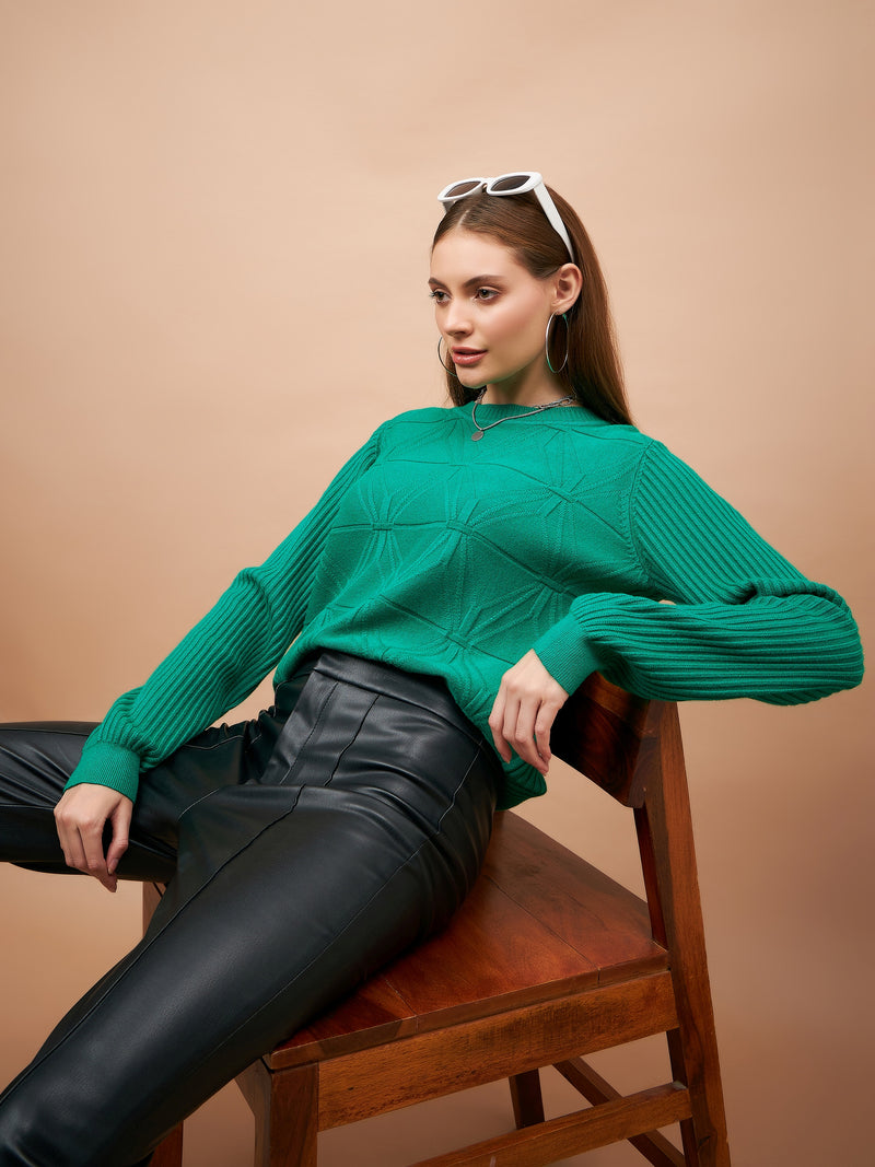 Gipsy Women Round Neck Straight Full Sleeve Acrylic Fabric Green Sweaters