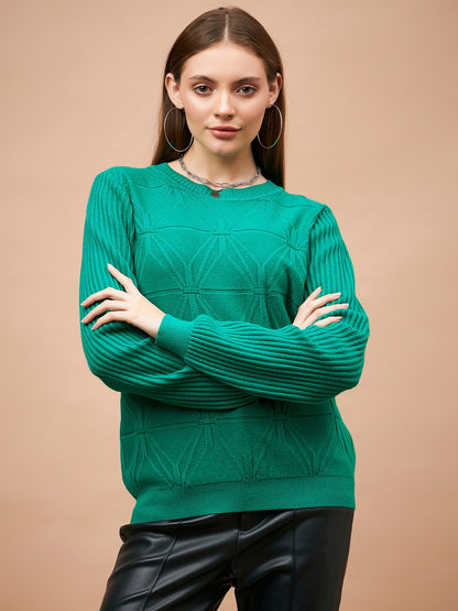 Gipsy Women Round Neck Straight Full Sleeve Acrylic Fabric Green Sweaters