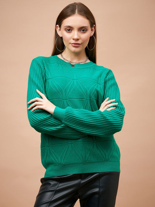 Gipsy Women Round Neck Straight Full Sleeve Acrylic Fabric Green Sweaters