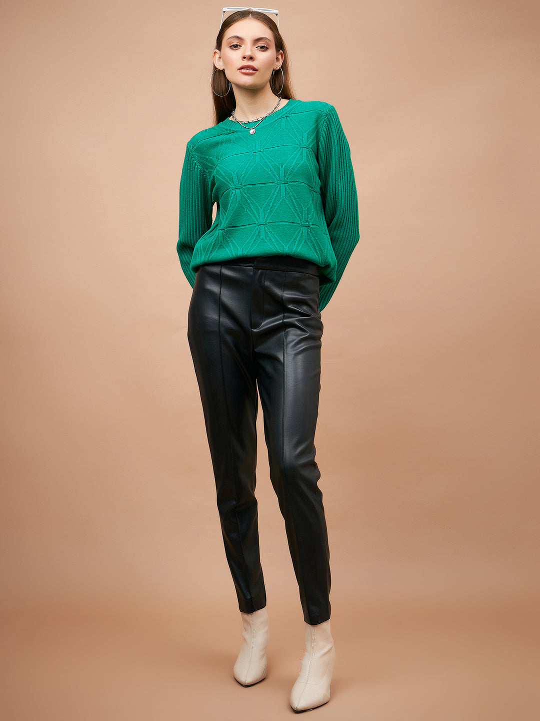 Gipsy Women Round Neck Straight Full Sleeve Acrylic Fabric Green Sweaters