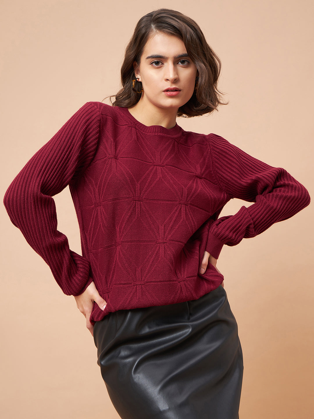 Gipsy Women Round Neck Straight Full Sleeve Acrylic Fabric Maroon Sweaters