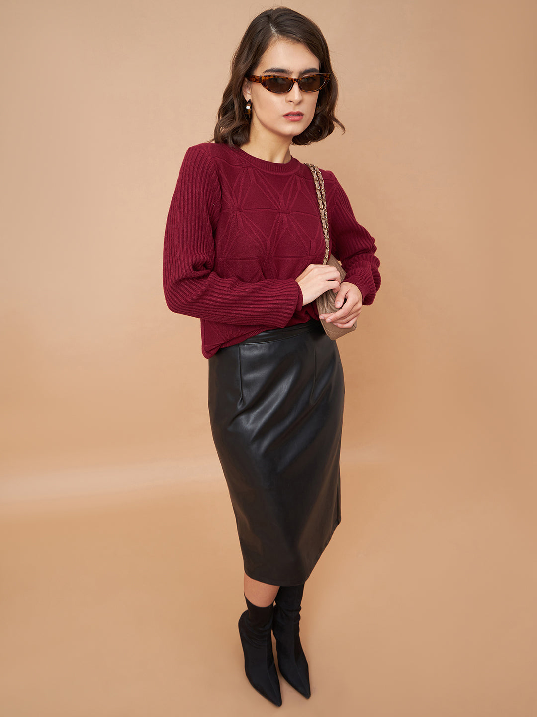 Gipsy Women Round Neck Straight Full Sleeve Acrylic Fabric Maroon Sweaters