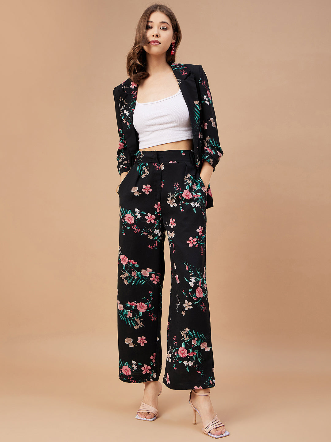 Gipsy Women Lapel Collar Straight 3/4Th Sleeve Georgette Fabric Black Print Co-Ord Set