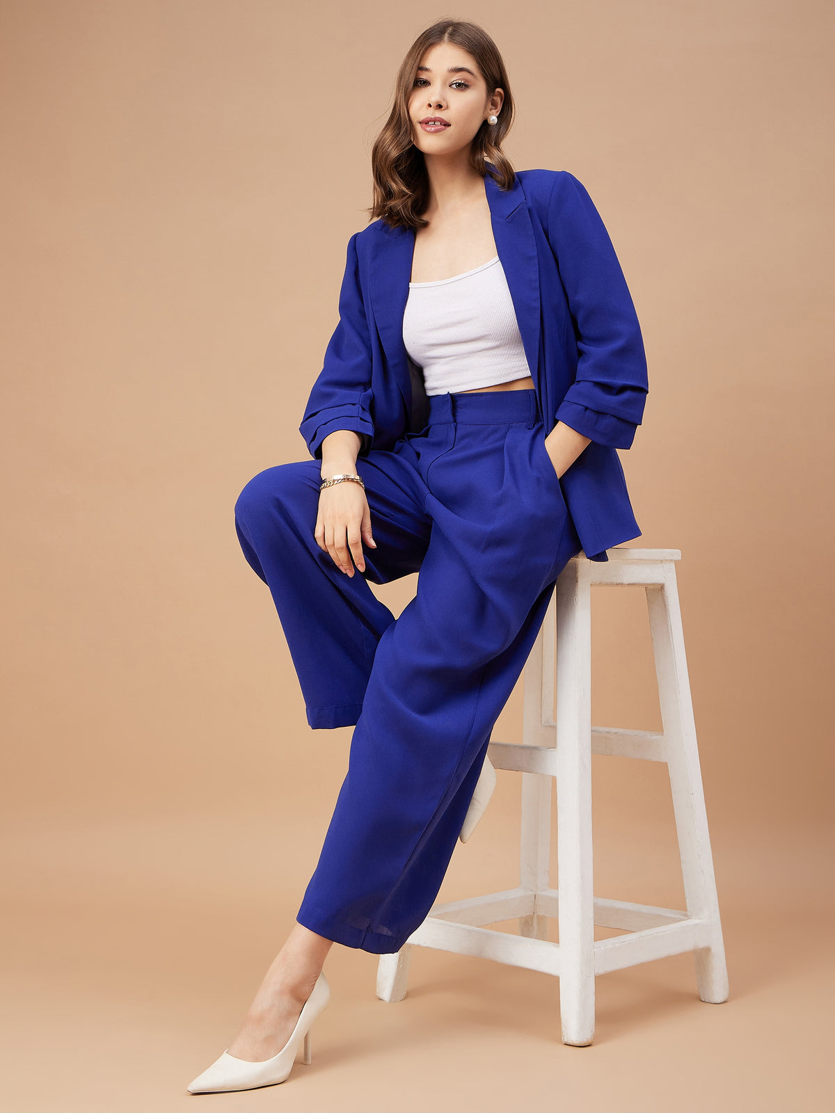 Gipsy Women Lapel Collar Straight 3/4Th Sleeve Georgette Fabric Royal Blue Co-Ord Set