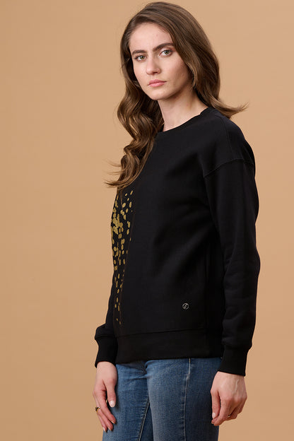 Gipsy Women Crew Neck Regular  Full Sleeves Cotton/Poly Fabric Black Sweatshirt