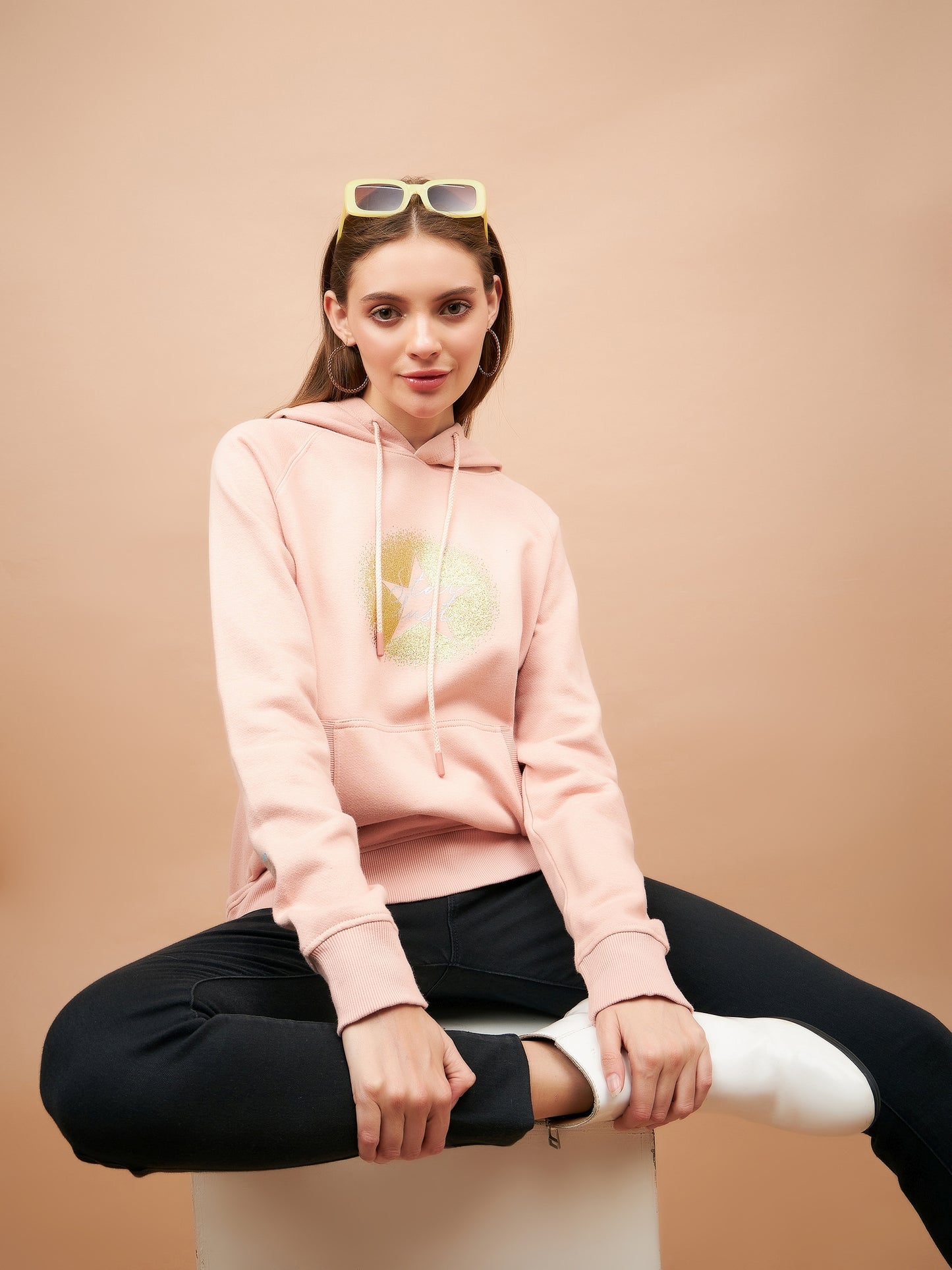 Gipsy Women Hooded Neck Regular  Full Sleeves Cotton/Poly Fabric Putty Pink Sweatshirt