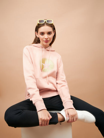 Gipsy Women Hooded Neck Regular  Full Sleeves Cotton/Poly Fabric Putty Pink Sweatshirt
