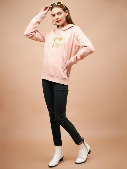 Gipsy Women Hooded Neck Regular  Full Sleeves Cotton/Poly Fabric Putty Pink Sweatshirt