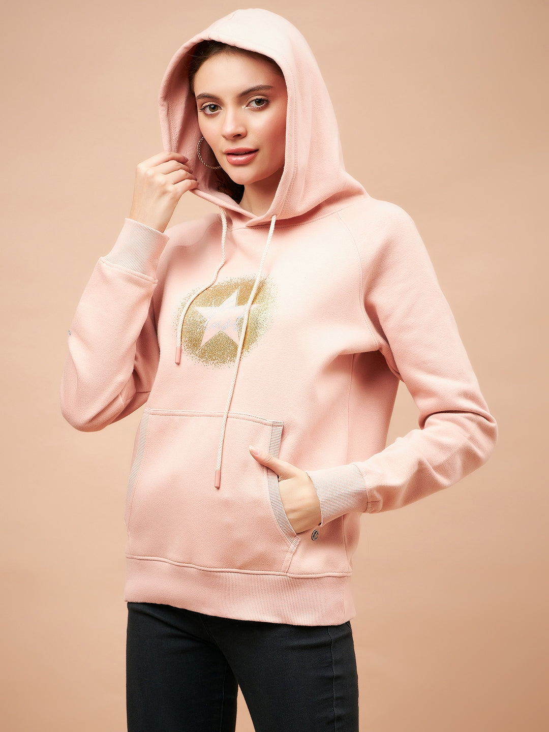 Gipsy Women Hooded Neck Regular  Full Sleeves Cotton/Poly Fabric Putty Pink Sweatshirt