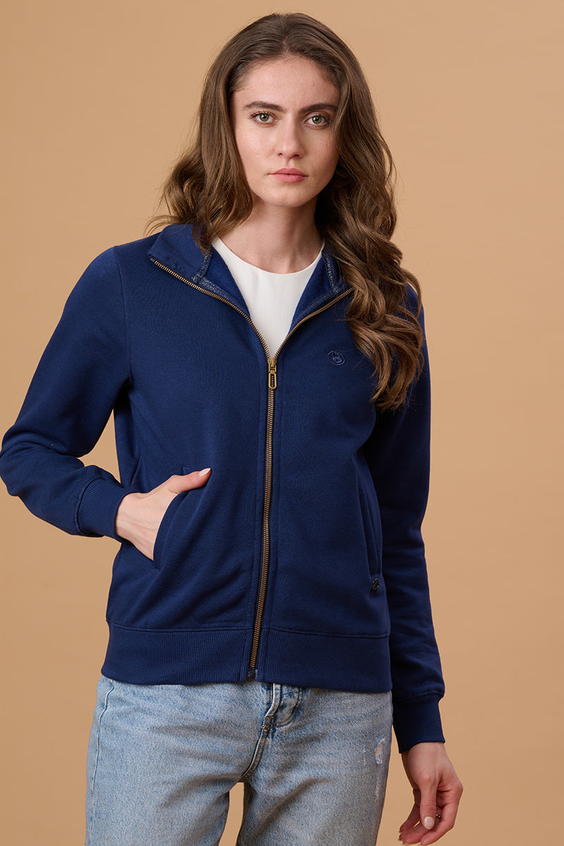 Gipsy Women Mock Collor Regular  Full Sleeves Cotton/Poly Fabric Blue Depth Sweatshirt