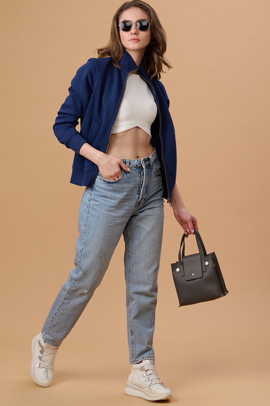 Gipsy Women Mock Collor Regular  Full Sleeves Cotton/Poly Fabric Blue Depth Sweatshirt